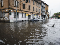 A view of roads and cars submerged during the storm and flooding of Ponte Lambro in Milan, Italy, on September 5, 2024 (