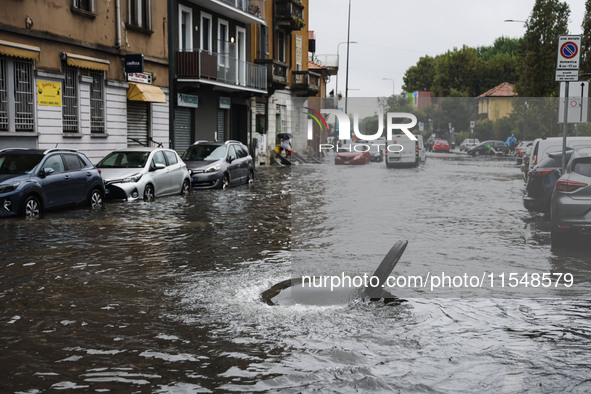 A view of roads and cars submerged during the storm and flooding of Ponte Lambro in Milan, Italy, on September 5, 2024 