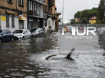 A view of roads and cars submerged during the storm and flooding of Ponte Lambro in Milan, Italy, on September 5, 2024 (