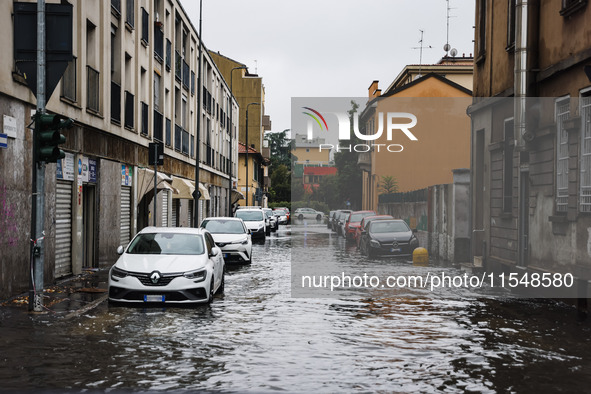 A view of roads and cars submerged during the storm and flooding of Ponte Lambro in Milan, Italy, on September 5, 2024 