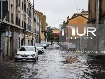 A view of roads and cars submerged during the storm and flooding of Ponte Lambro in Milan, Italy, on September 5, 2024 (