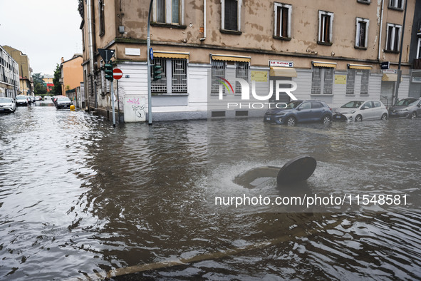 A view of roads and cars submerged during the storm and flooding of Ponte Lambro in Milan, Italy, on September 5, 2024 