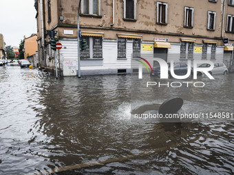 A view of roads and cars submerged during the storm and flooding of Ponte Lambro in Milan, Italy, on September 5, 2024 (