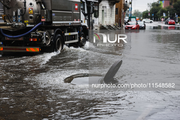 A view of roads and cars submerged during the storm and flooding of Ponte Lambro in Milan, Italy, on September 5, 2024 