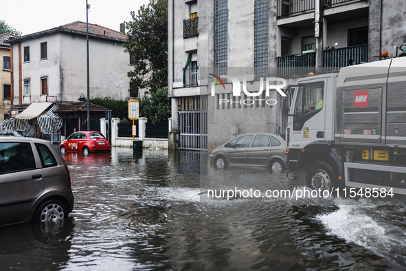 A view of roads and cars submerged during the storm and flooding of Ponte Lambro in Milan, Italy, on September 5, 2024 