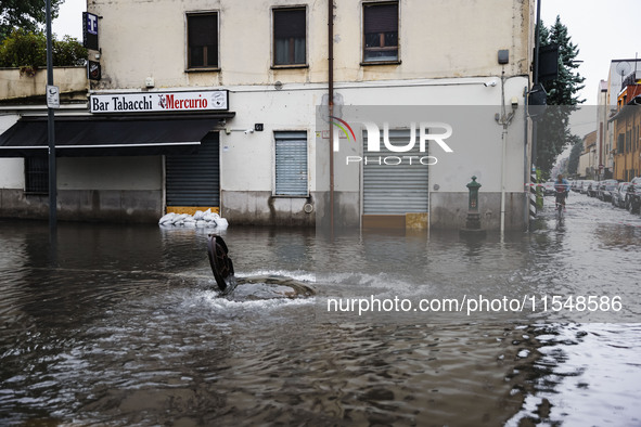 A view of roads and cars submerged during the storm and flooding of Ponte Lambro in Milan, Italy, on September 5, 2024 