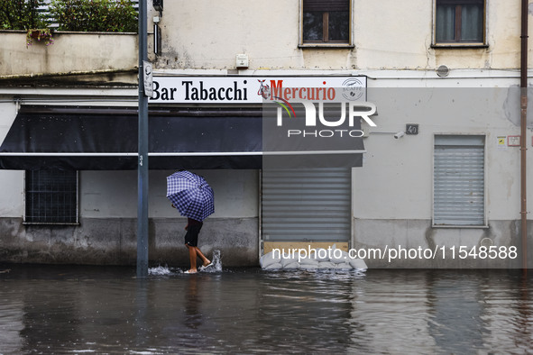 A view of roads and cars submerged during the storm and flooding of Ponte Lambro in Milan, Italy, on September 5, 2024 