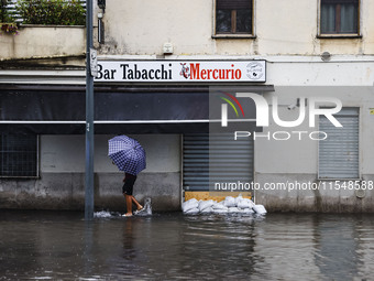 A view of roads and cars submerged during the storm and flooding of Ponte Lambro in Milan, Italy, on September 5, 2024 (