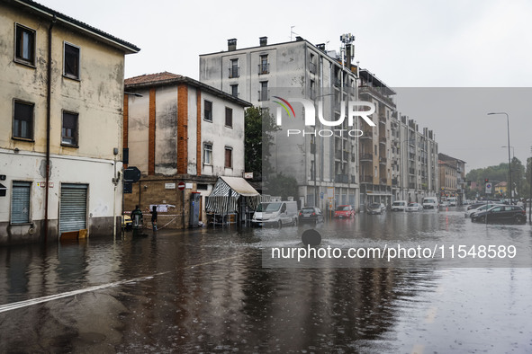 A view of roads and cars submerged during the storm and flooding of Ponte Lambro in Milan, Italy, on September 5, 2024 