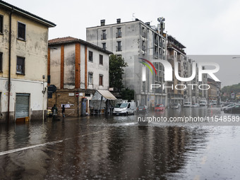 A view of roads and cars submerged during the storm and flooding of Ponte Lambro in Milan, Italy, on September 5, 2024 (