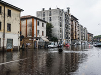 A view of roads and cars submerged during the storm and flooding of Ponte Lambro in Milan, Italy, on September 5, 2024 (