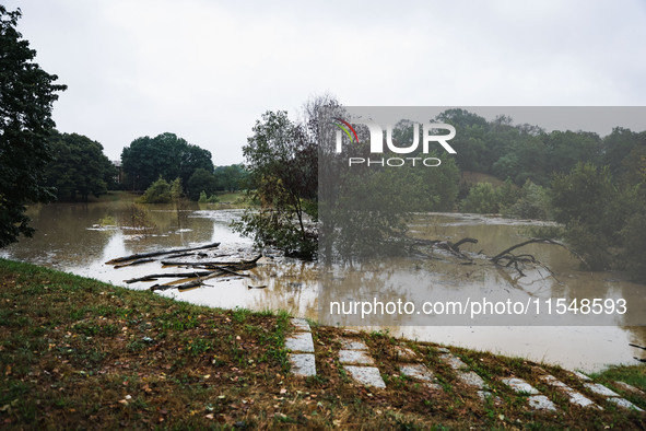 A view of roads and cars submerged during the storm and flooding of Ponte Lambro in Milan, Italy, on September 5, 2024 