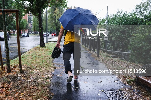 A view of roads and cars submerged during the storm and flooding of Ponte Lambro in Milan, Italy, on September 5, 2024 