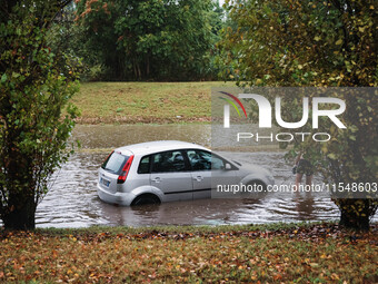 A view of roads and cars submerged during the storm and flooding of Ponte Lambro in Milan, Italy, on September 5, 2024 (