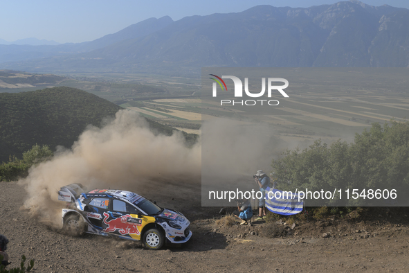 Driver Adrien Fourmaux and co-driver Alexandre Coria of the M-Sport Ford World Rally Team in the Ford Puma Rally1 Hybrid face shakedown duri...