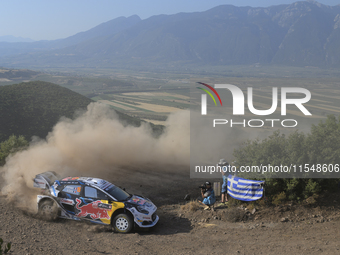 Driver Adrien Fourmaux and co-driver Alexandre Coria of the M-Sport Ford World Rally Team in the Ford Puma Rally1 Hybrid face shakedown duri...