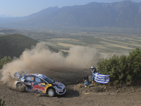 Driver Adrien Fourmaux and co-driver Alexandre Coria of the M-Sport Ford World Rally Team in the Ford Puma Rally1 Hybrid face shakedown duri...