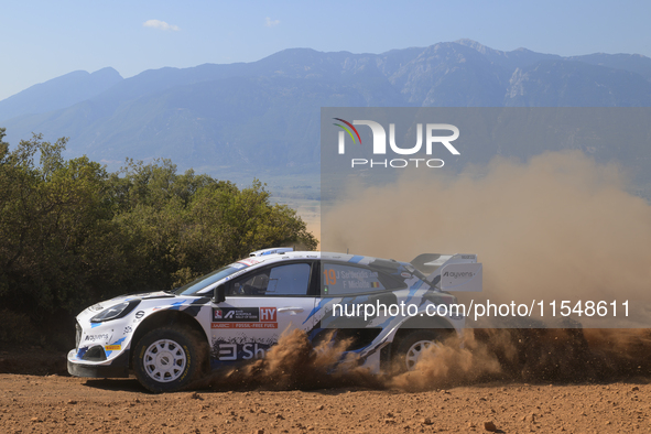 Driver Jourdan Serderidis and co-driver Frederic Miclotte of the M-Sport Ford WRT, Ford Puma Rally1 Hybrid, face shakedown during the FIA Wo...