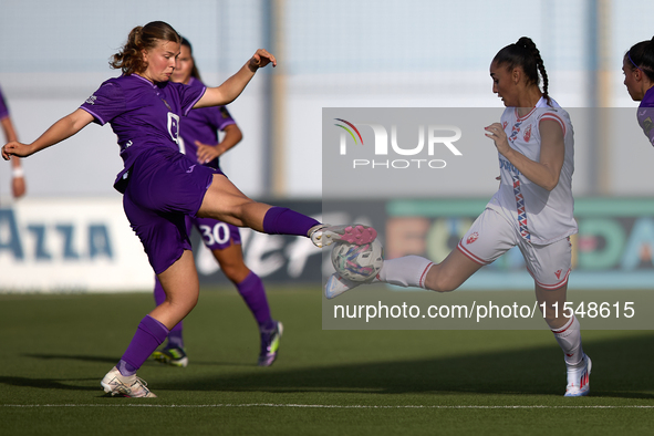 Senna Koeleman of Anderlecht competes for the ball with Nina Matejic of Crvena Zvezda during the UEFA Women's Champions League First qualify...