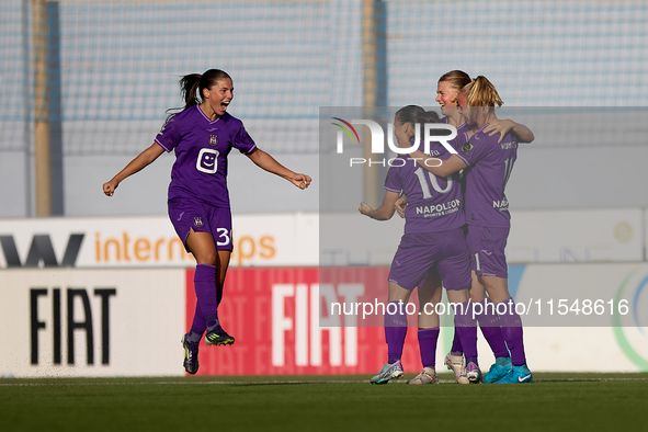 Stefania Vatafu (3rd R) of Anderlecht reacts after scoring the 1-0 goal for her team during the UEFA Women's Champions League First qualifyi...