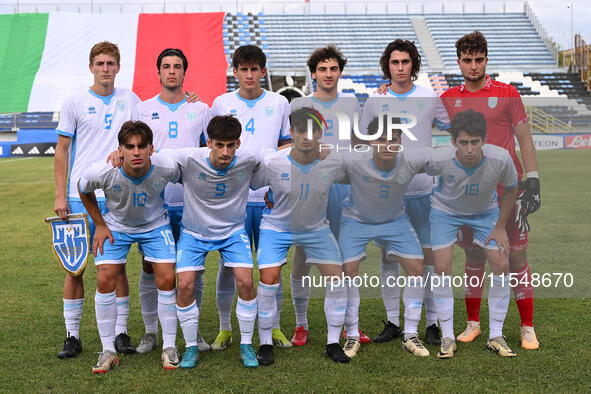 San Marino U21 players pose for a team photo during the UEFA U21 Euro 2025 Qualifier match between Italy and San Marino at the Domenico Fran...