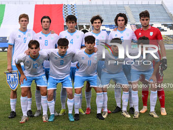 San Marino U21 players pose for a team photo during the UEFA U21 Euro 2025 Qualifier match between Italy and San Marino at the Domenico Fran...