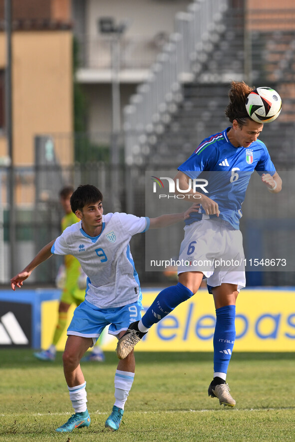 Marco Gasperoni (SMR) and Daniele Ghilardi (ITA) during the UEFA U21 Euro 2025 Qualifier match between Italy and San Marino at the Domenico...