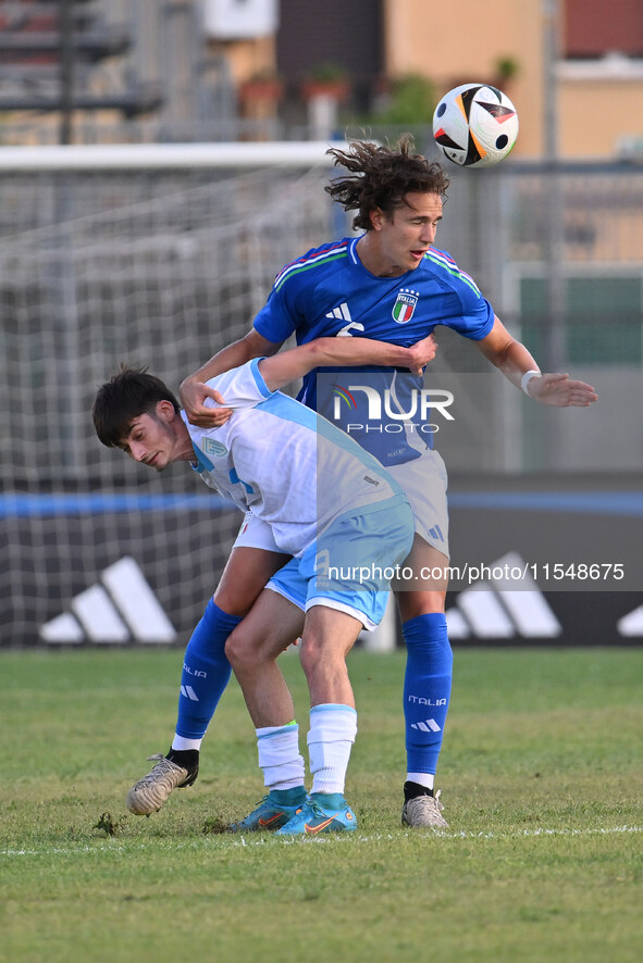 Marco Gasperoni (SMR) and Daniele Ghilardi (ITA) during the UEFA U21 Euro 2025 Qualifier match between Italy and San Marino at the Domenico...