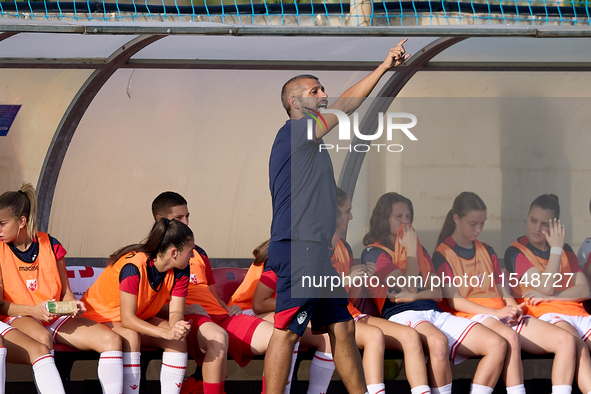 Bojan Macesic, head coach of Crvena Zvezda, reacts during the UEFA Women's Champions League First qualifying round, Semi-finals CP-Group 4 s...