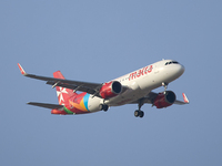 A KM Malta Airlines 9H-NEC KM Airbus flies over the match venue during the UEFA Women's Champions League First qualifying round, Semi-finals...