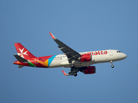 A KM Malta Airlines 9H-NEC KM Airbus flies over the match venue during the UEFA Women's Champions League First qualifying round, Semi-finals...