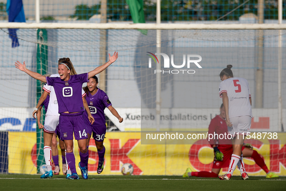 Laura Deloose of Anderlecht reacts in celebration after scoring the 2-0 goal during the UEFA Women's Champions League First qualifying round...