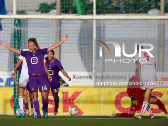 Laura Deloose of Anderlecht reacts in celebration after scoring the 2-0 goal during the UEFA Women's Champions League First qualifying round...