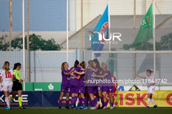 Soccer players from Anderlecht celebrate Laura Deloose (hidden) of Anderlecht scoring the 2-0 goal during the UEFA Women's Champions League...