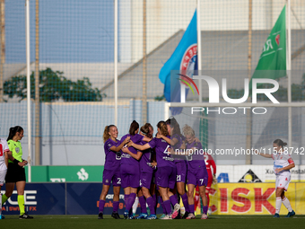 Soccer players from Anderlecht celebrate Laura Deloose (hidden) of Anderlecht scoring the 2-0 goal during the UEFA Women's Champions League...