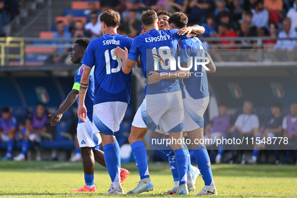 Pio Esposito (ITA) celebrates after scoring the goal of 2-0 during the UEFA U21 Euro 2025 Qualifier match between Italy and San Marino at th...