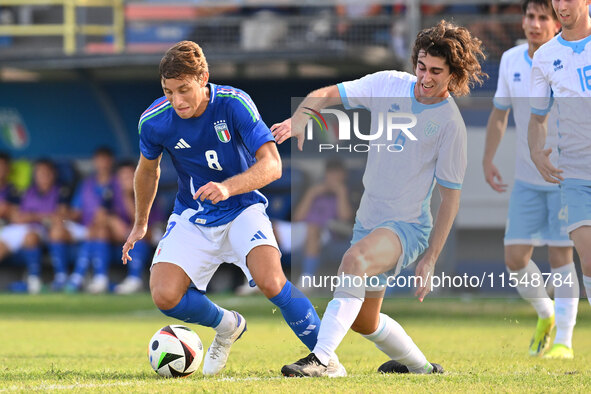 Edoardo Bove (ITA) and Mattia Sancisi (SMR) during the UEFA U21 Euro 2025 Qualifier match between Italy and San Marino at the Domenico Franc...