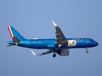 The ITA Airways EI-HOB Airbus A320 flies over the match venue during the UEFA Women's Champions League First qualifying round, Semi-finals C...