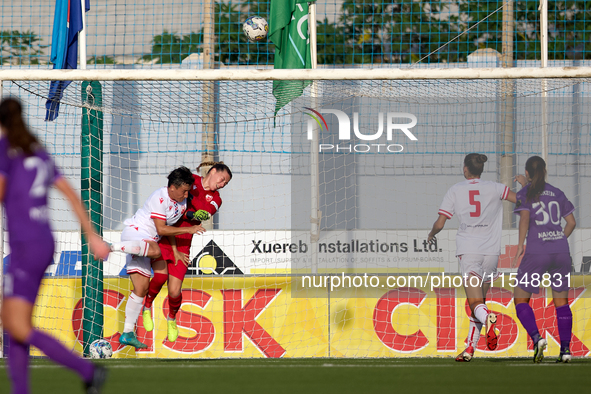 Roksana Shahanska (top right), goalkeeper of Crvena Zvezda, and Ivana Malijar (top left) are in action during the UEFA Women's Champions Lea...