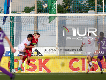 Roksana Shahanska (top right), goalkeeper of Crvena Zvezda, and Ivana Malijar (top left) are in action during the UEFA Women's Champions Lea...