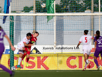 Roksana Shahanska (top right), goalkeeper of Crvena Zvezda, and Ivana Malijar (top left) are in action during the UEFA Women's Champions Lea...