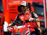 Francesco Bagnaia of Italy and Ducati Lenovo Team drives on the paddock during the preview of the MotoGP of San Marino at Misano World Circu...