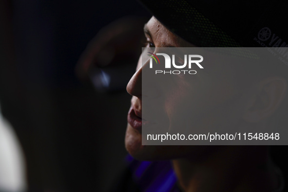 Fabio Quartararo of France and Monster Energy Yamaha MotoGP looks on during the presentation press conference of the MotoGP of San Marino at...