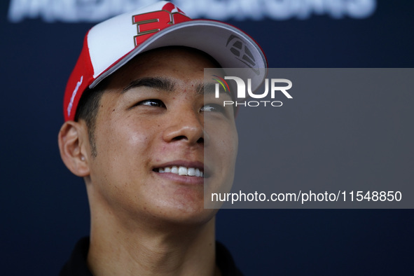 Takaaki Nakagami of Japan and LCR Honda looks on during the presentation press conference of the MotoGP of San Marino at Misano World Circui...