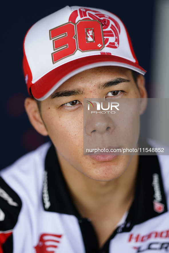 Takaaki Nakagami of Japan and LCR Honda looks on during the presentation press conference of the MotoGP of San Marino at Misano World Circui...