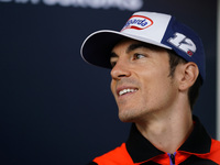 Maverick Vinales of Spain and Aprilia Racing looks on during the presentation press conference of the MotoGP of San Marino at Misano World C...