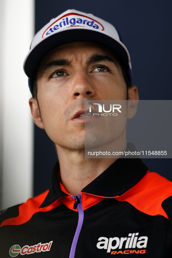 Maverick Vinales of Spain and Aprilia Racing looks on during the presentation press conference of the MotoGP of San Marino at Misano World C...