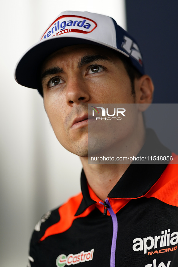 Maverick Vinales of Spain and Aprilia Racing looks on during the presentation press conference of the MotoGP of San Marino at Misano World C...