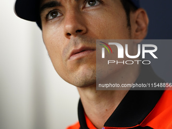 Maverick Vinales of Spain and Aprilia Racing looks on during the presentation press conference of the MotoGP of San Marino at Misano World C...