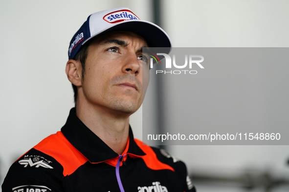 Maverick Vinales of Spain and Aprilia Racing looks on during the presentation press conference of the MotoGP of San Marino at Misano World C...